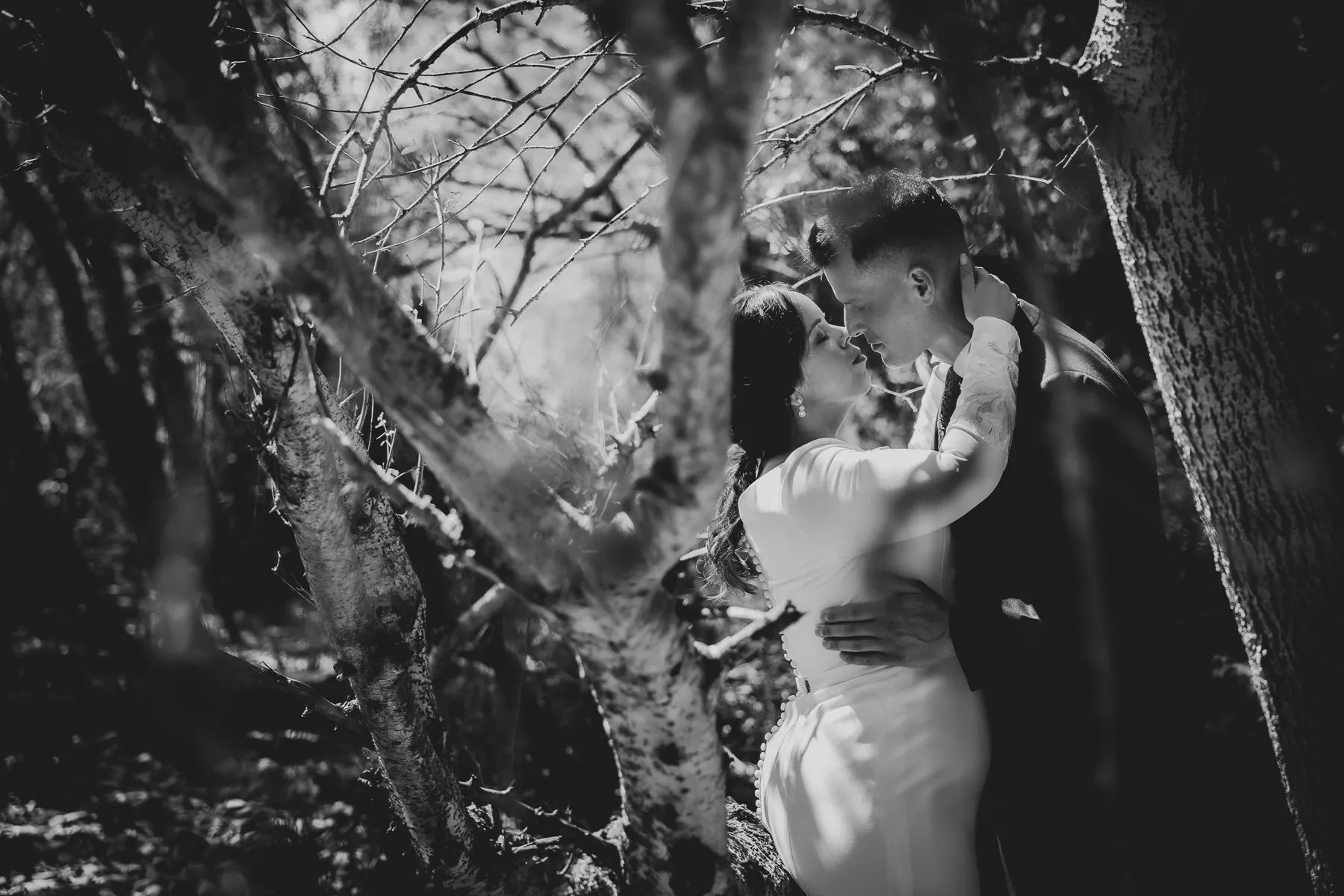 Foto en Blanco y negro de una pareja de novios besándose en el bosque. Sesión post boda en Arcos de la Frontera, Cádiz