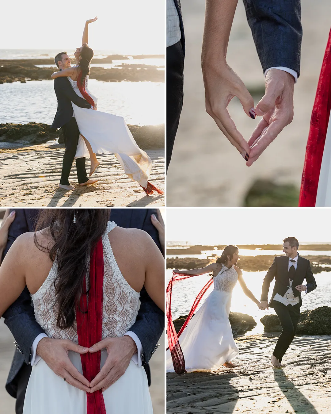 Cuatro imágenes de la Sesión Post Boda de Estefania y Antonio en La Plya La mUralla, El Puerto de Santa María 29/08/2023