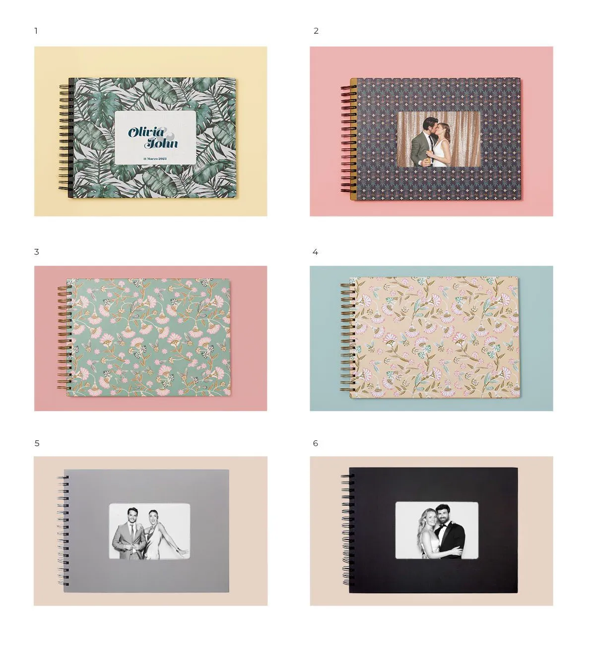 Seis de álbumes de fotografias con espiral separados en seis rectangulos de colores diferentes