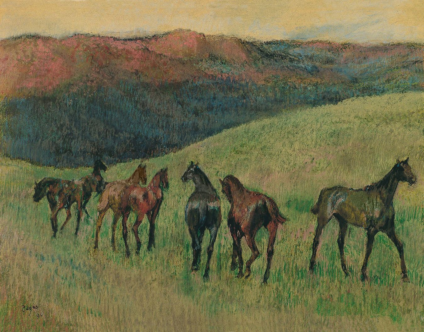 “Caballos de carreras en un paisaje“ de Edgar Degas