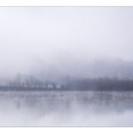 reservoir with fog and reflections of trees