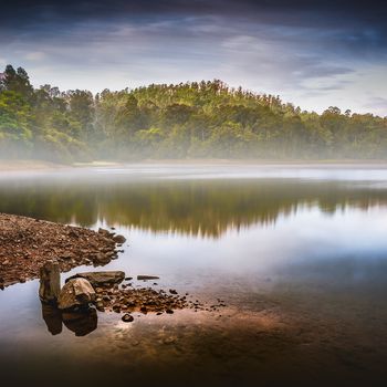 niebla y reflejos en el embalse de Zamáns (Vigo, España)