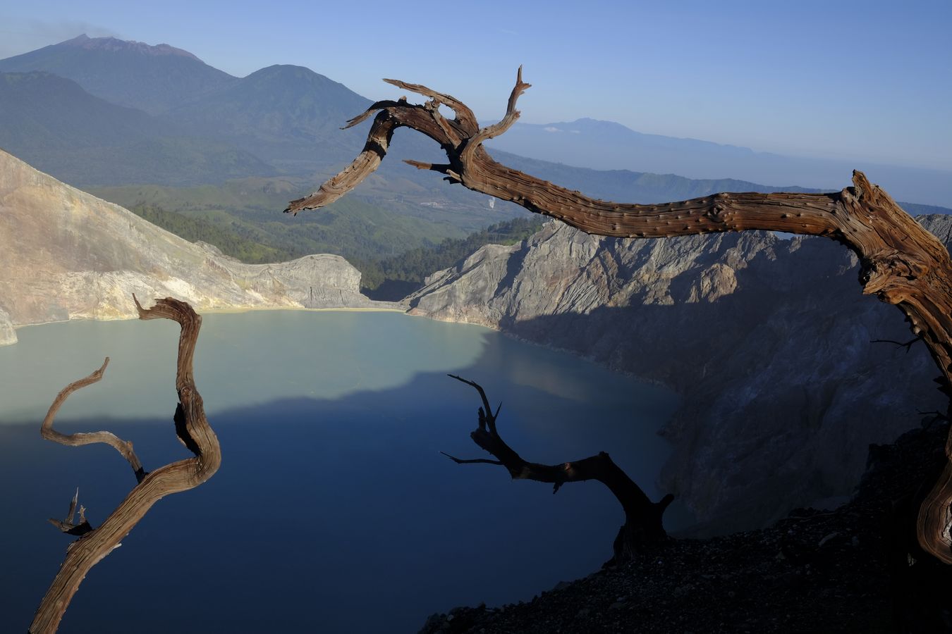 Views of the crater lake of the Ijen volcano and other volcanic cones around, with three branches of the Cantigi Ungu plant { Vaccinium Varingifolium }