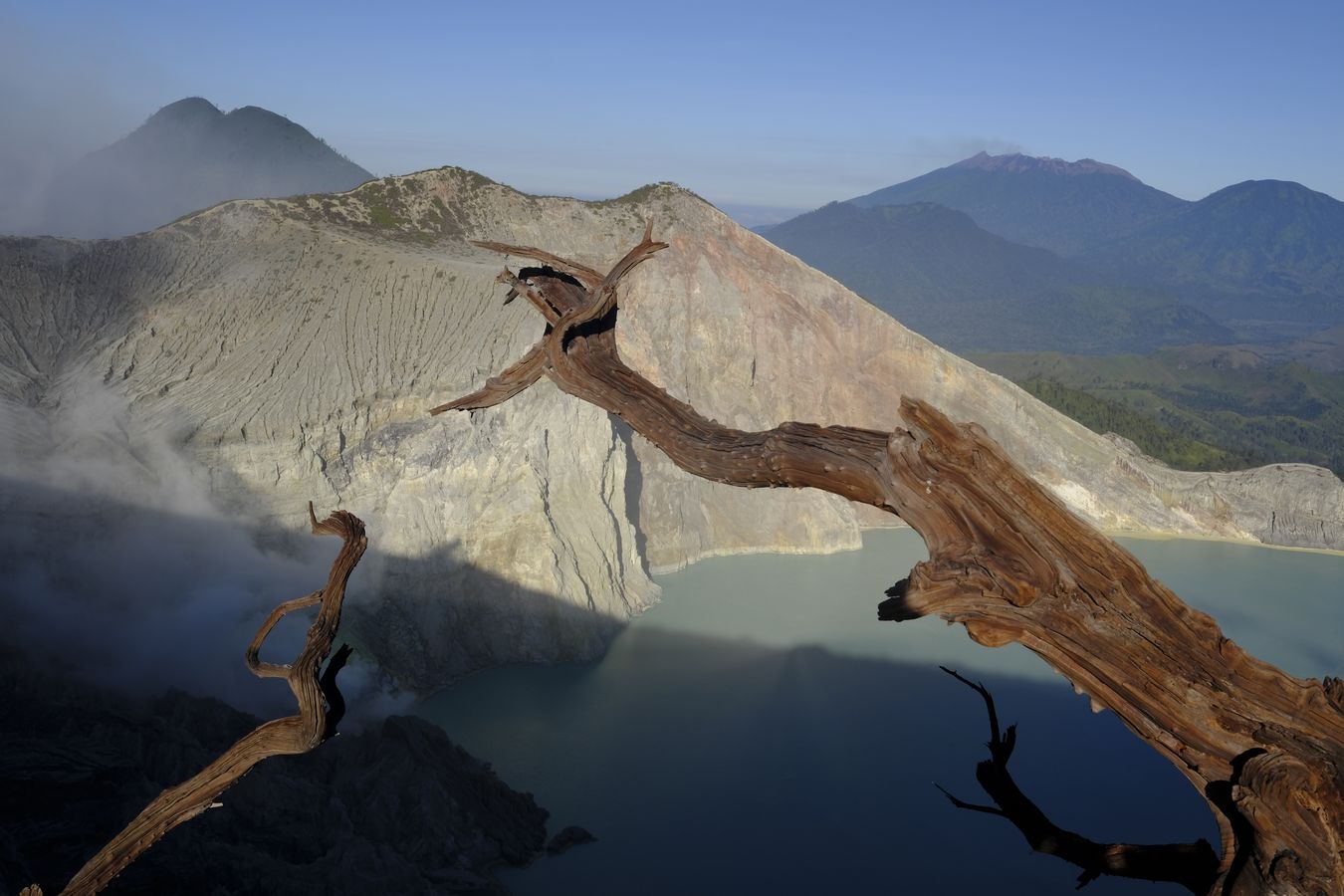 Views through the branches of a Cantigi Ungu tree { Vaccinium Varingifolium } of the lake in the crater of Ijen volcano and other volcanic cones around