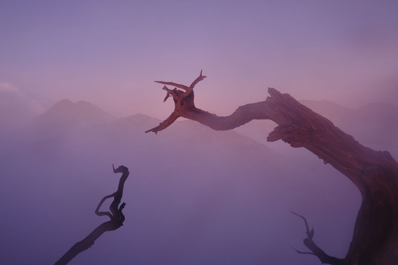 Smoke and fog blur the volcanic cones around Ijen volcano in the purple hour of the morning