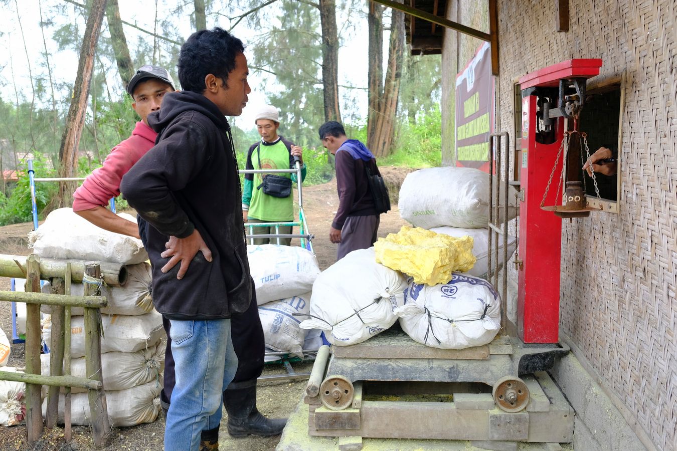 Miners weighing the sulfur collected during the night