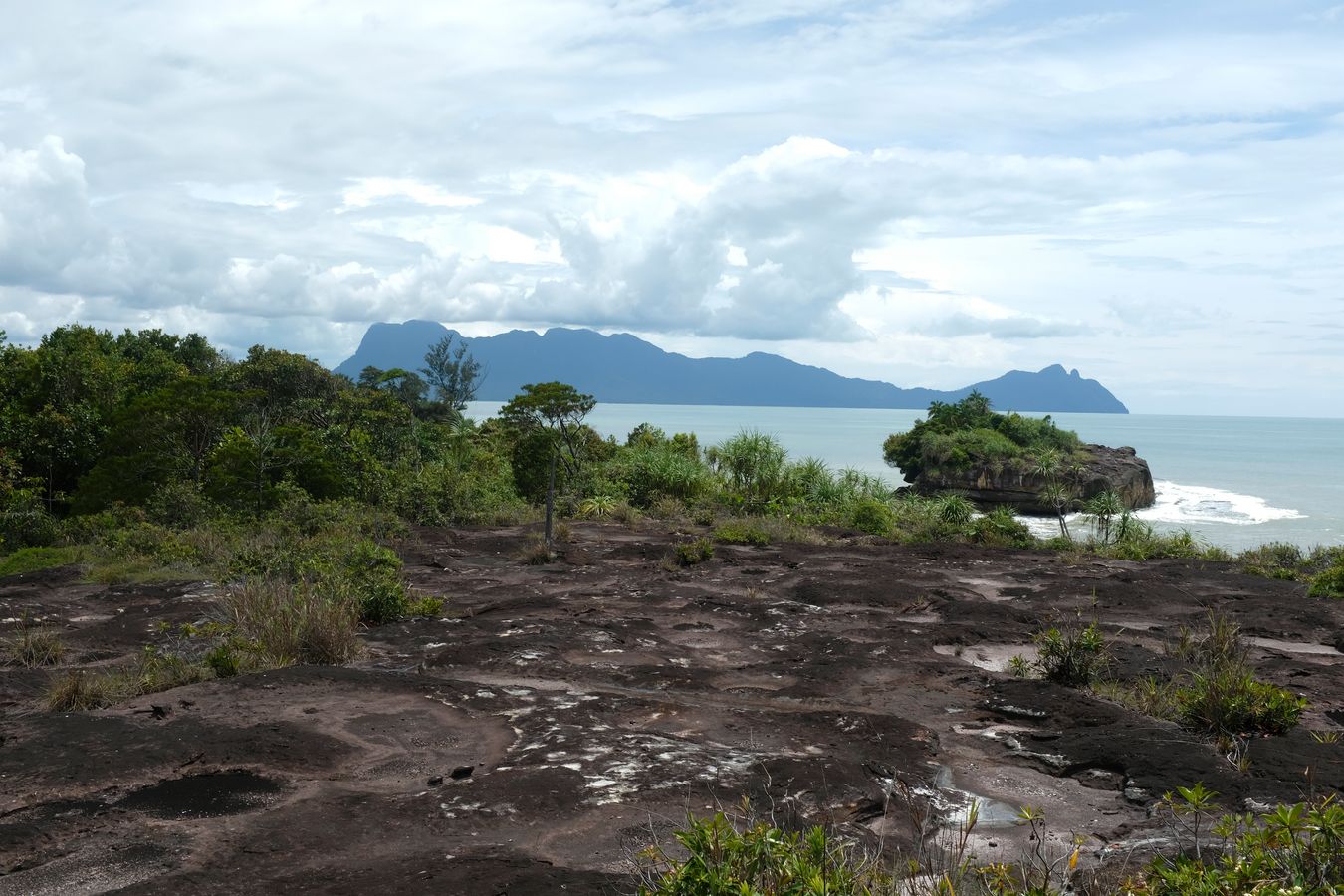 Cliff Vegetation and Landscape. Ocean View with Santaubong Mountai }