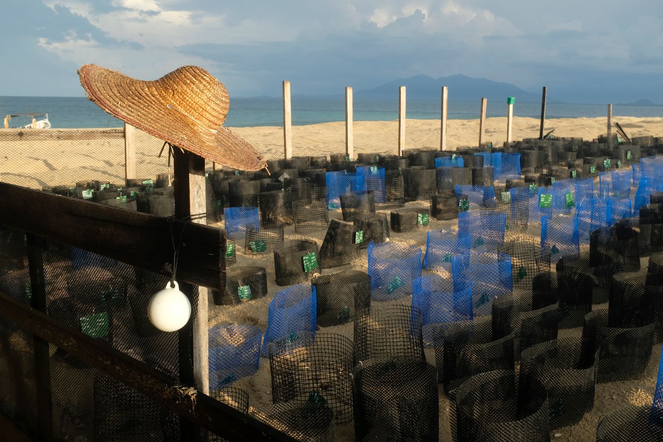 View of the sea turtle hatchery and Gading Mountain in the background.