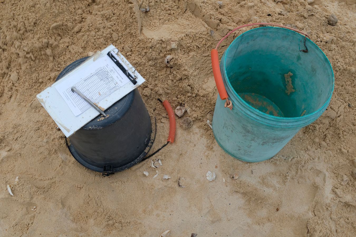 Sea turtle control notebook on buckets used to transport eggs from the nest on the beach to the hatchery.