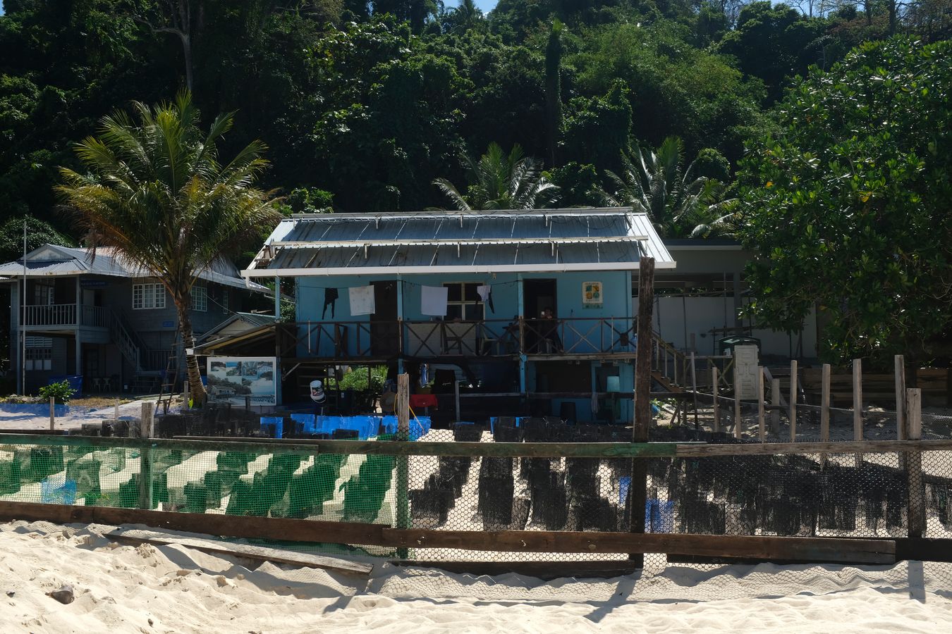 Front view of the sea turtle hatchery and the rangers house.