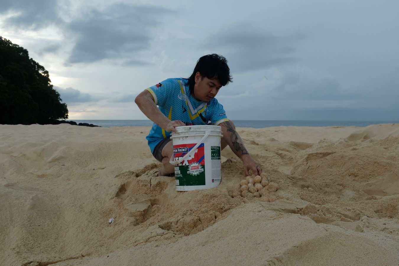 Ranger Chris collects green turtle eggs at sunrise.