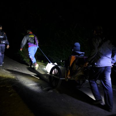 Wheelbarrow porters carry tourist up to the summit of Ijen volcano