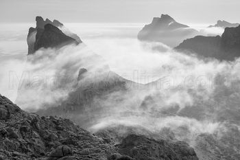 Pollensa mountains shrouded in mists in the morning. Tramuntana mountains, Majorca