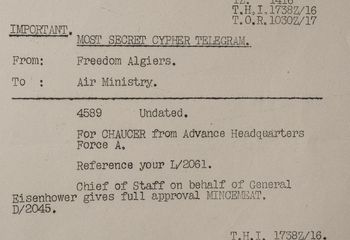 reproducción del telegrama de Eisenhower aprobando la operación de espionaje MINCEMEAT/CARNE PICADA