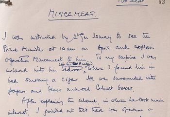 Reproducción de la carta manuscrita original del responsable de la operación de espionaje MINCEMEAT cuando fué a solicitar la aprobación de Winston Crurchill. Archivo Nacional Británico, Kew, Lon