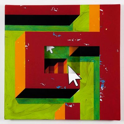 Red labyrinth with stairs / 2017 /Acrylic painting, plexiglas and wooden box on the back / 50x50x5,5 cm