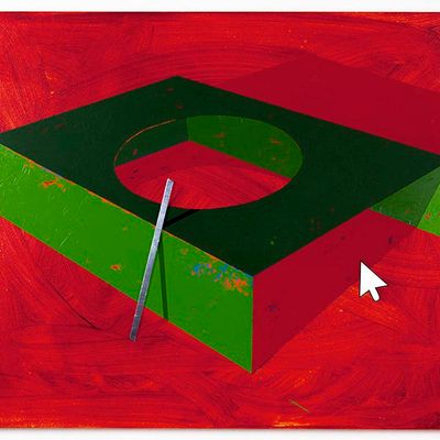 Green box with hole in light red background / 2017 / Acrylic paint, wooden stick and metal tape / 77x62x5,5 cm