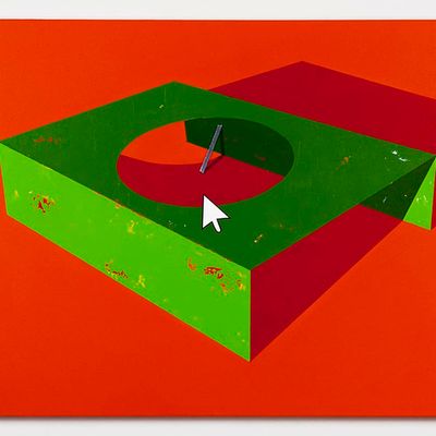 Green box with hole in light orange background / 2017 / Acrylic paint, wooden stick and metal tape / 77x62x5,5 cm