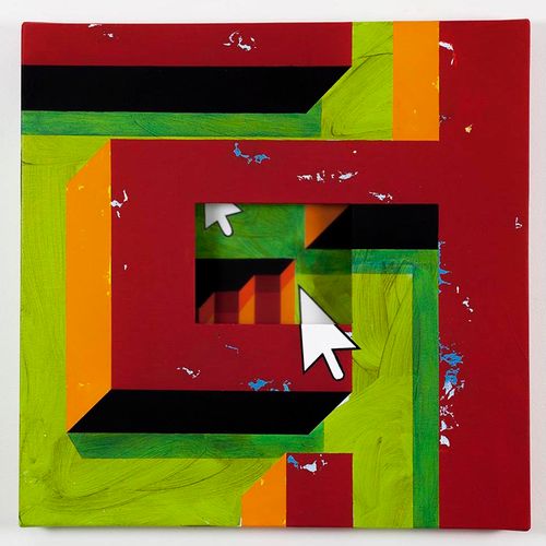 Red labyrinth with stairs / 2017 /Acrylic painting, plexiglas and wooden box on the back / 50x50x5,5 cm