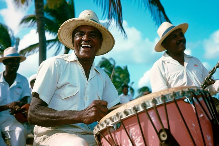 Afro-Cuban musician with white hat playing the drum in Cuba in the 50s on a sunny day