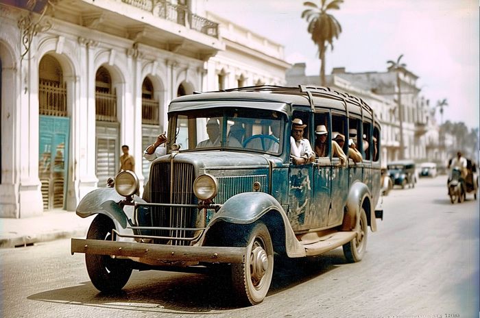 collective car transporting Cubans in Cuba in the 1940s image generated by AI through midjourney
