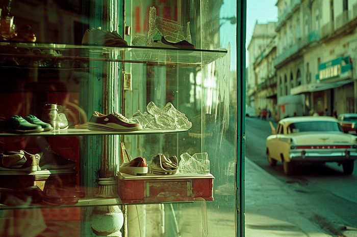 Shelves of a store in Havana in the 40's and 50's, color photograph taken by Luis Alarcon.