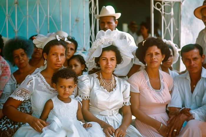 family reunion in Cuba in the 50s, people dressed in period clothing looking at the camera, Cuba AI