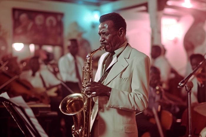 Afro-Cuban musician playing the saxophone, vintage photograph of a Cuban musician in the 1950s.