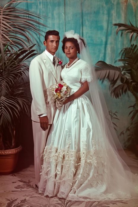 studio photograph of a newly married Cuban couple, color photography, Cuba in AI