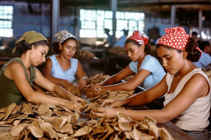 group of young cuban women sorting tobacco leaves in a mid-20th century havana warehouse in the 1950s