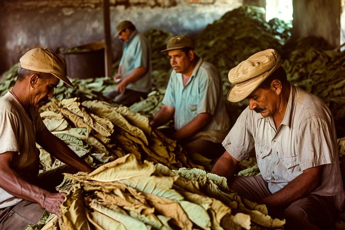 Group of Cuban workers selecting tobacco leaves in the vat of the 1950s. Color photography of the 1950s.
