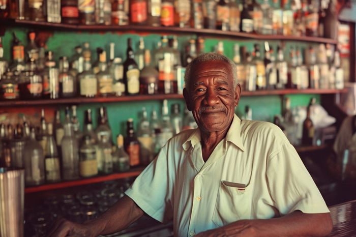 Afro-Cuban bartender sitting behind the bar at sloppy joes in Havana in the 1950s