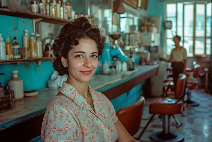 Cuban hairdresser from the 50's smiling and looking at the camera, behind her is her elegant Cuban hairdresser's salon