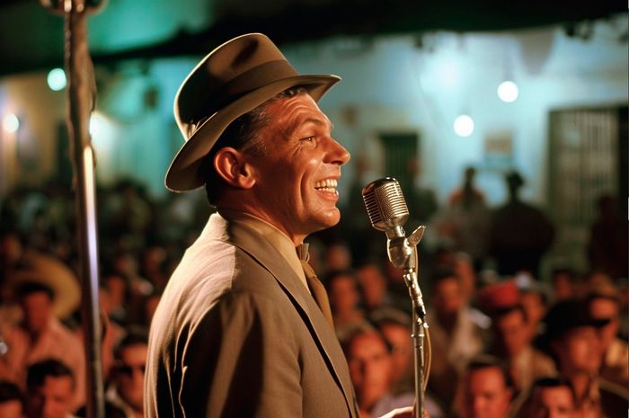 Frank Sinatra style singer singing in Cuba in the 50s, smiles while singing, digital documentary project about photography in Cuba in the 50s