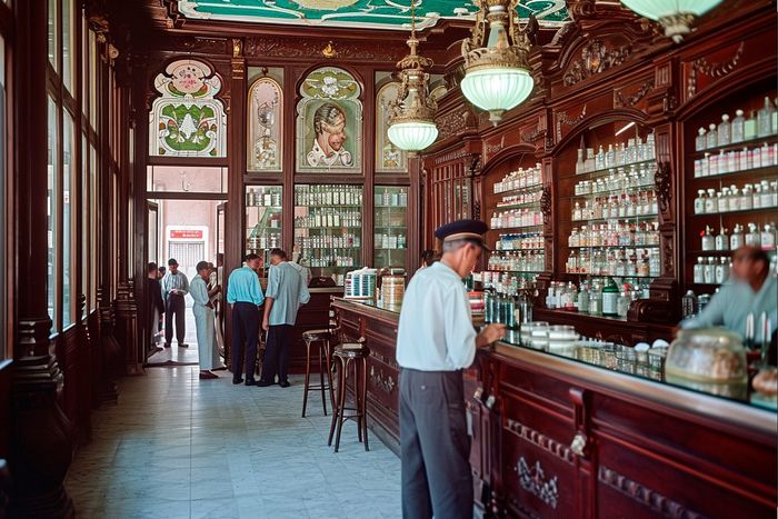 Vintage pharmacy in Havana from the 1950s full of jars and medicines, wooden shelves with high ceilings, image generated by AI as part of a digital documentation project