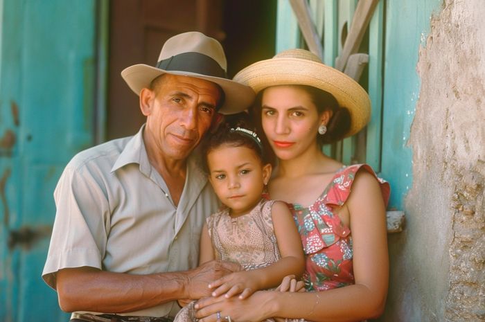 Cuban couple with their daughter in a portrait-like image looking at the camera, AI-generated photo of Cuba 