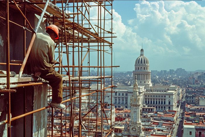Builders of skyscrapers in Havana, worker is on the heights, Havana is in the background, image generated by AI
