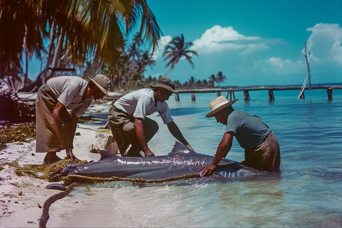 Cuban fishermen have captured a shark and are trying to pull it up the shore, the men are wearing hats, it is an image of Cuba generated by AI