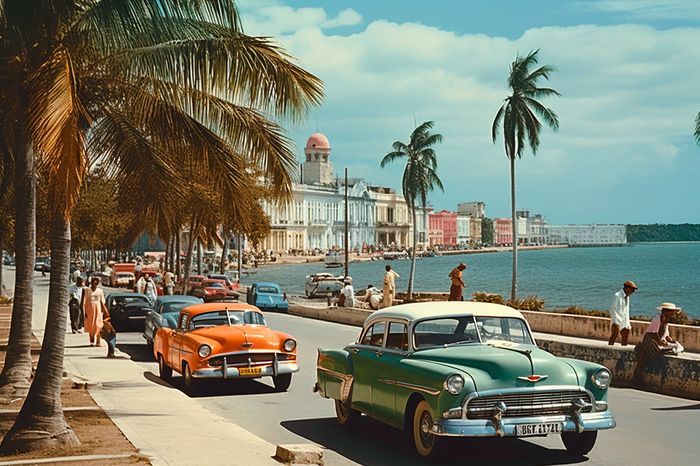 American vintage cars on the malecon of Havana from the 50s, on the malecon there are palm trees, image digitally generated by Luis Alarcon