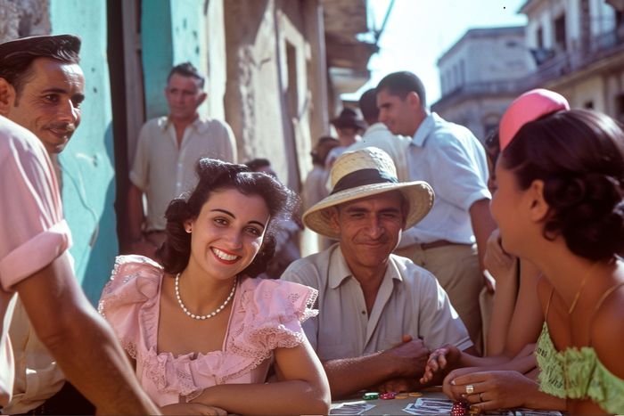 group of Cubans relaxed around a table, they smile, it is the Cuba of the 40s, digital image generated by AI software