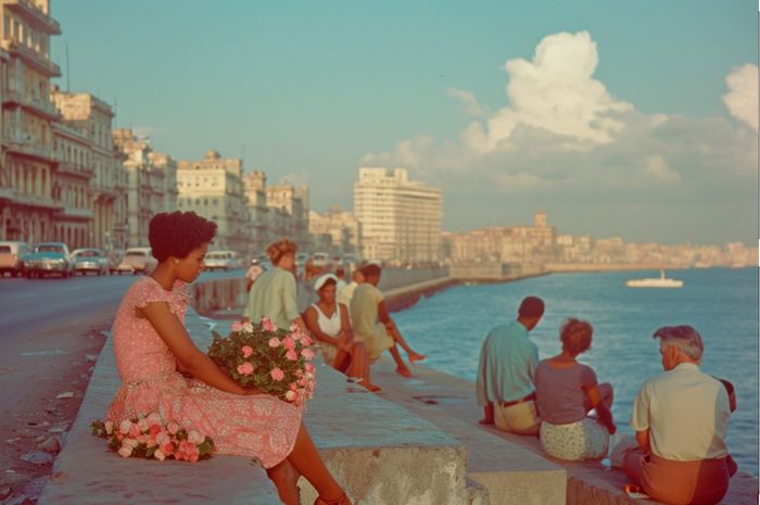 flower seller in Havana in the 1950s is sitting on the malecon, photograph generated by AI by Louis Alarcon