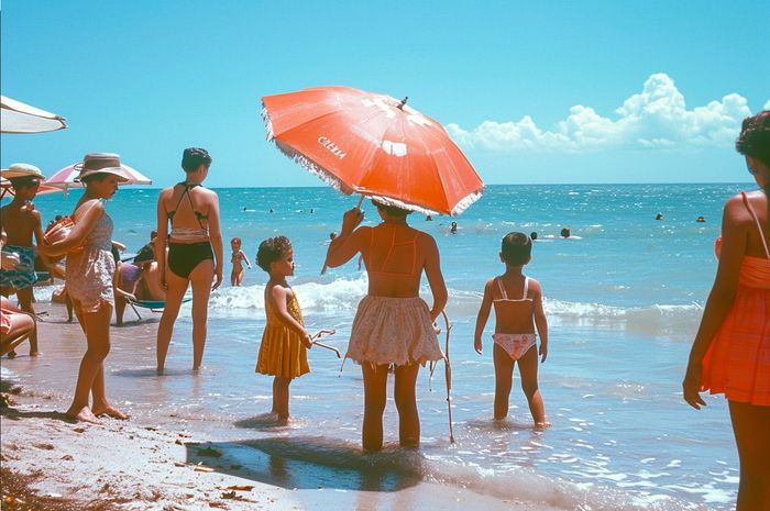 family on the seashore in Havana Cuba in the 50s, vintage swimsuits and umbrellas
