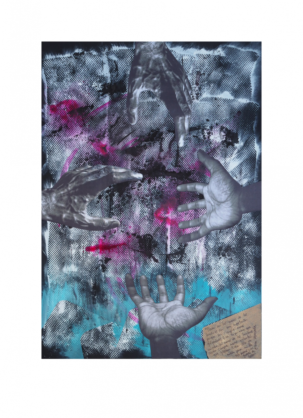 Manos de hombre. Serie “Madres en redes de trata” 42 x 59,4 cm Mixta (acrílico y collage) sobre papel.Obra original