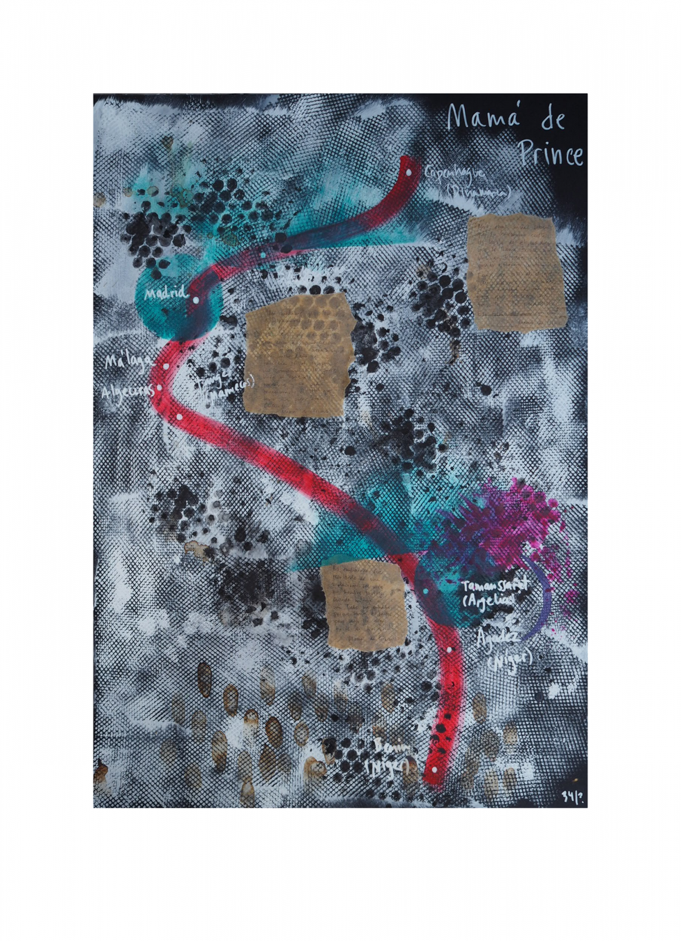 Mamá de Prince.  Serie “Madres en redes de trata” 42 x 59,4 cm Mixta (acrílico y collage) sobre papel.Obra original
