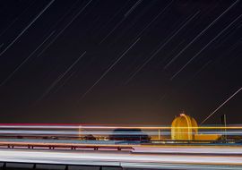 Startrails and Vandellòs II Nuclear Power Plant. Nuclear energy